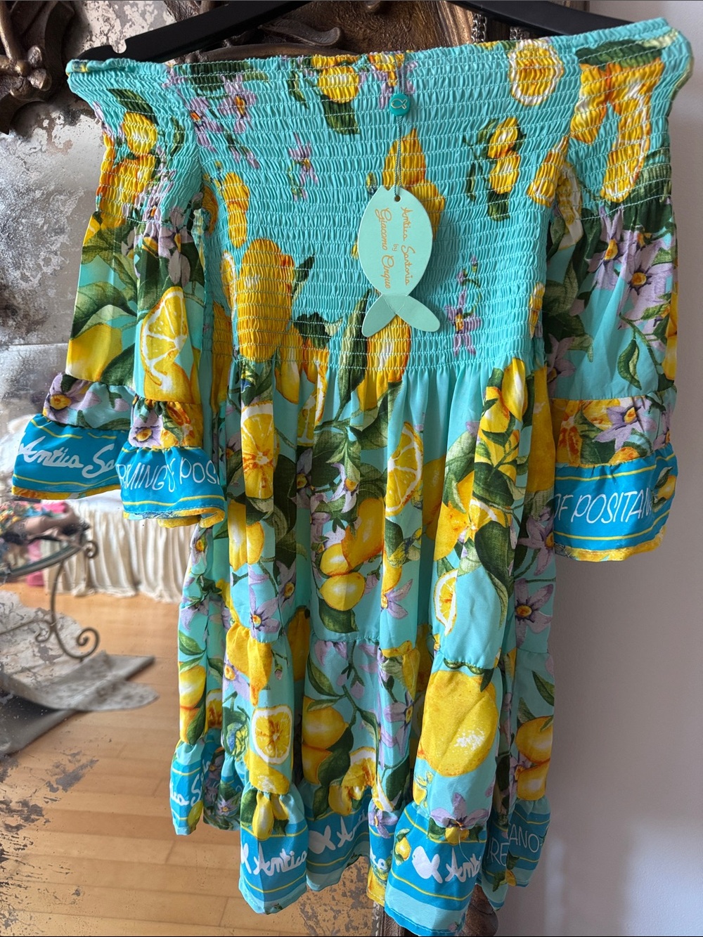 Antica Sartoria Turquoise Lemon Print Off-Shoulder Dress